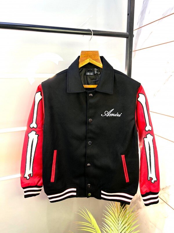 Amiri Bone Imported Black-Red Super Premium Varsity Jacket F1396-Red