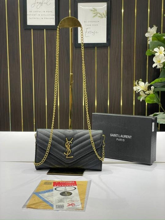 Ysl Clutch Cum Chain Sling Bag With Box(8137-Black-Gold)